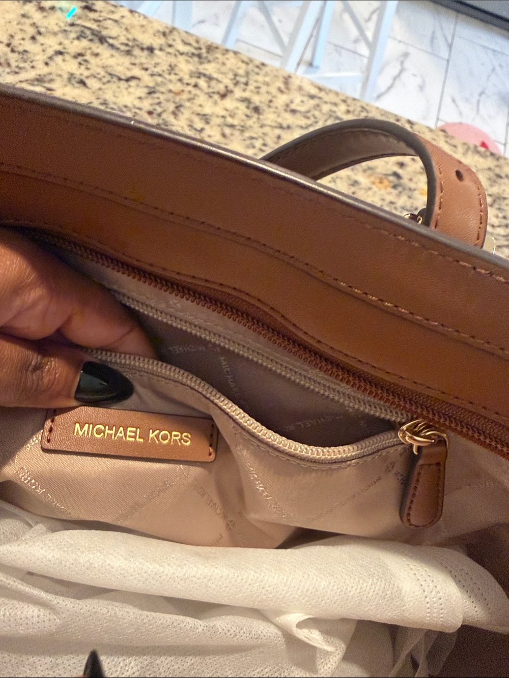 Michael Kors Aria Brown Logo Tote with Tan Trim and Gold Logo - Picture 4 of 16